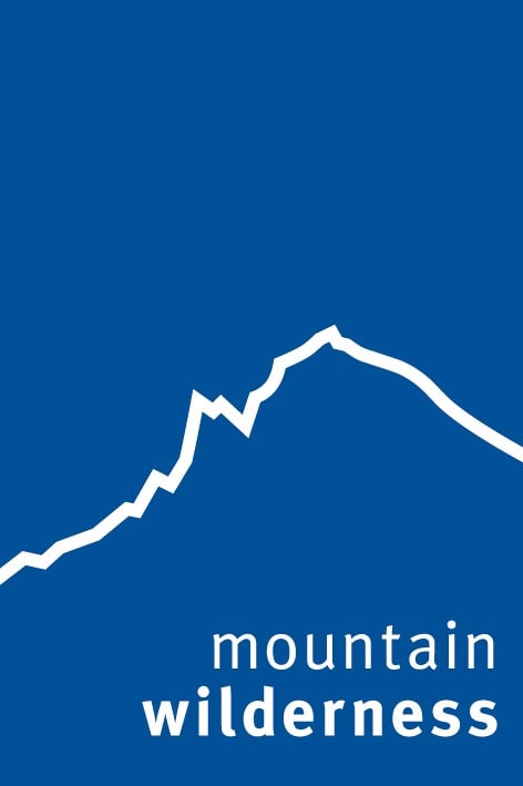 Das blaue Logo von Mountain Wilderness zeigt einen weissen Umriss eines Berges.