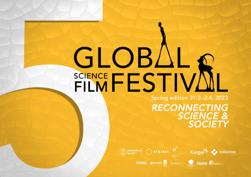 Werbeplakat des fünften Global Science Film Festivals. Enthält das Veranstaltungsdatum vom 31. März bis zum 2. April 2023.