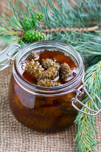 Marmelade aus Kieferzapfen in offenem Glas