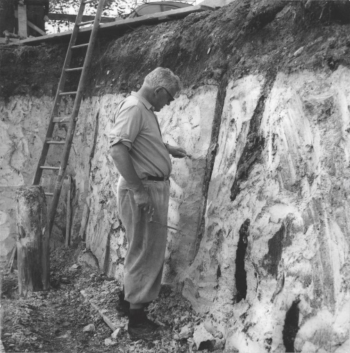 Der erste Luzerner Kantonsarchäologe, Josef Speck, auf der Pfahlbau-Fundstelle Trichtermoss in Schenkon 1967. Er reinigt eine Grubenwand, die anschliessend zeichnerisch dokumentiert worden ist. 