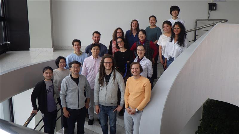 Die fünfzehnköpfige Forschergruppe von Professor Shimizu steht auf einer Treppe in der Universität Zürich.